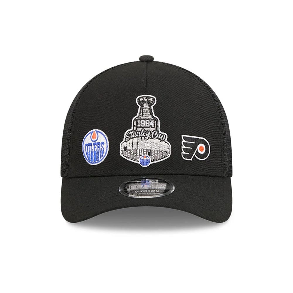 Pictured is this NHL Stanley Cup Champions Edmonton Oilers 9FORTY M-Crown A-Frame Trucker Adjustable cap in black. 3