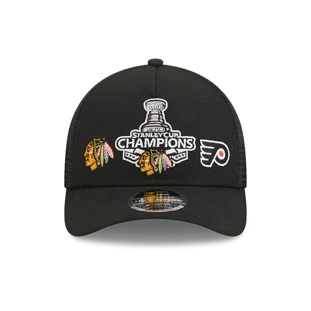 Pictured is this NHL Stanley Cup Champions Chicago Blackhawks 9FORTY M-Crown A-Frame Trucker Adjustable cap in black. 3
