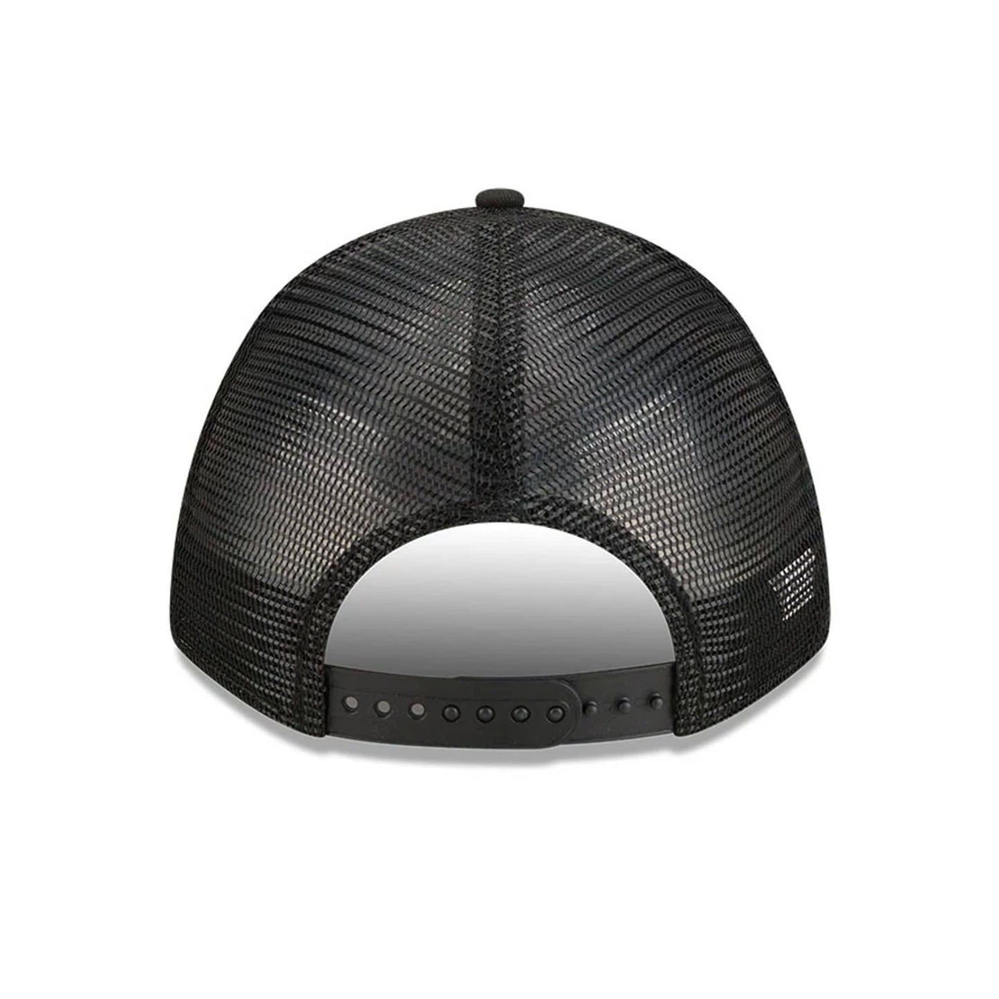 Blackhawks NHL Stanley Cup Black New Era 9FORTY M-Crown A-Frame Trucker Adjustable Cap, rear view showing the black mesh back panels, a curved plastic adjustable strap for a personalised fit, and a small New Era flag logo on the left side.