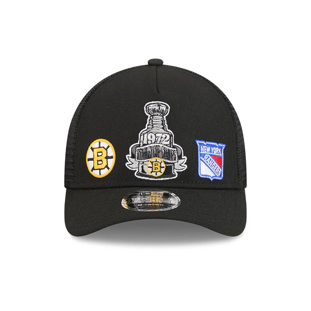 Pictured is this NHL Stanley Cup Champions Boston Bruins 9FORTY M-Crown A-Frame Trucker Adjustable cap in black. 3