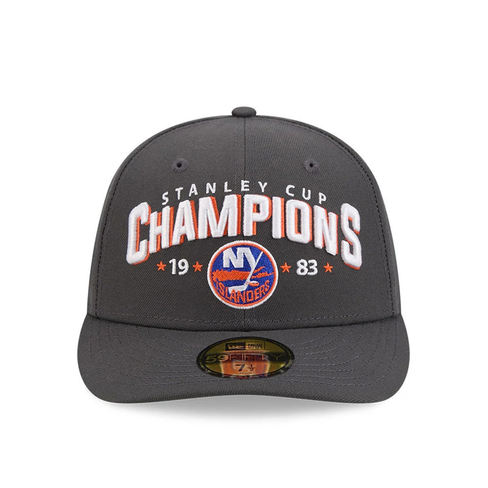New York Islanders NHL Stanley Cup Champions Dark Grey New Era 59FIFTY Fitted Cap, front view showing raised white embroidered Stanley Cup Champions text with orange accents, the NY Islanders logo on the front panel.