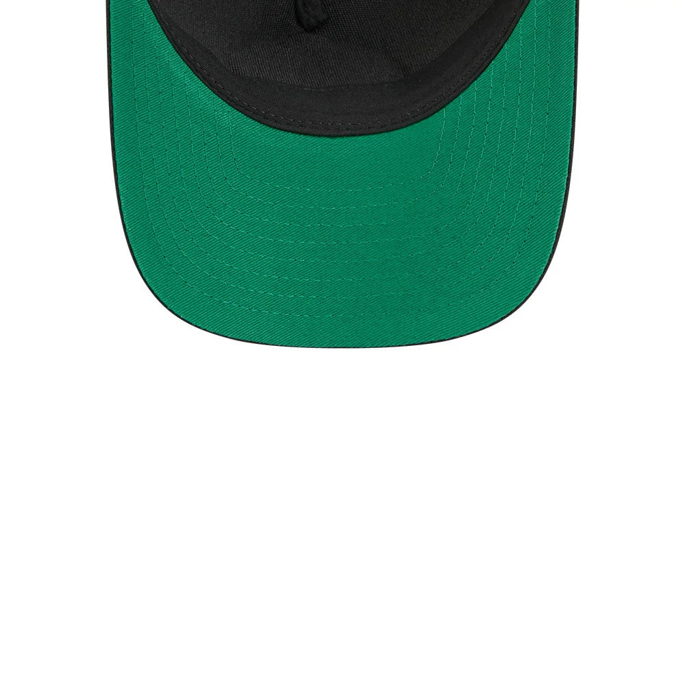 Rangers NHL Stanley Cup Black New Era 9FORTY M-Crown A-Frame Trucker Adjustable Cap, inside view showing a green undervisor, black sweatband for comfort, and detailed stitching along the edge of the visor.