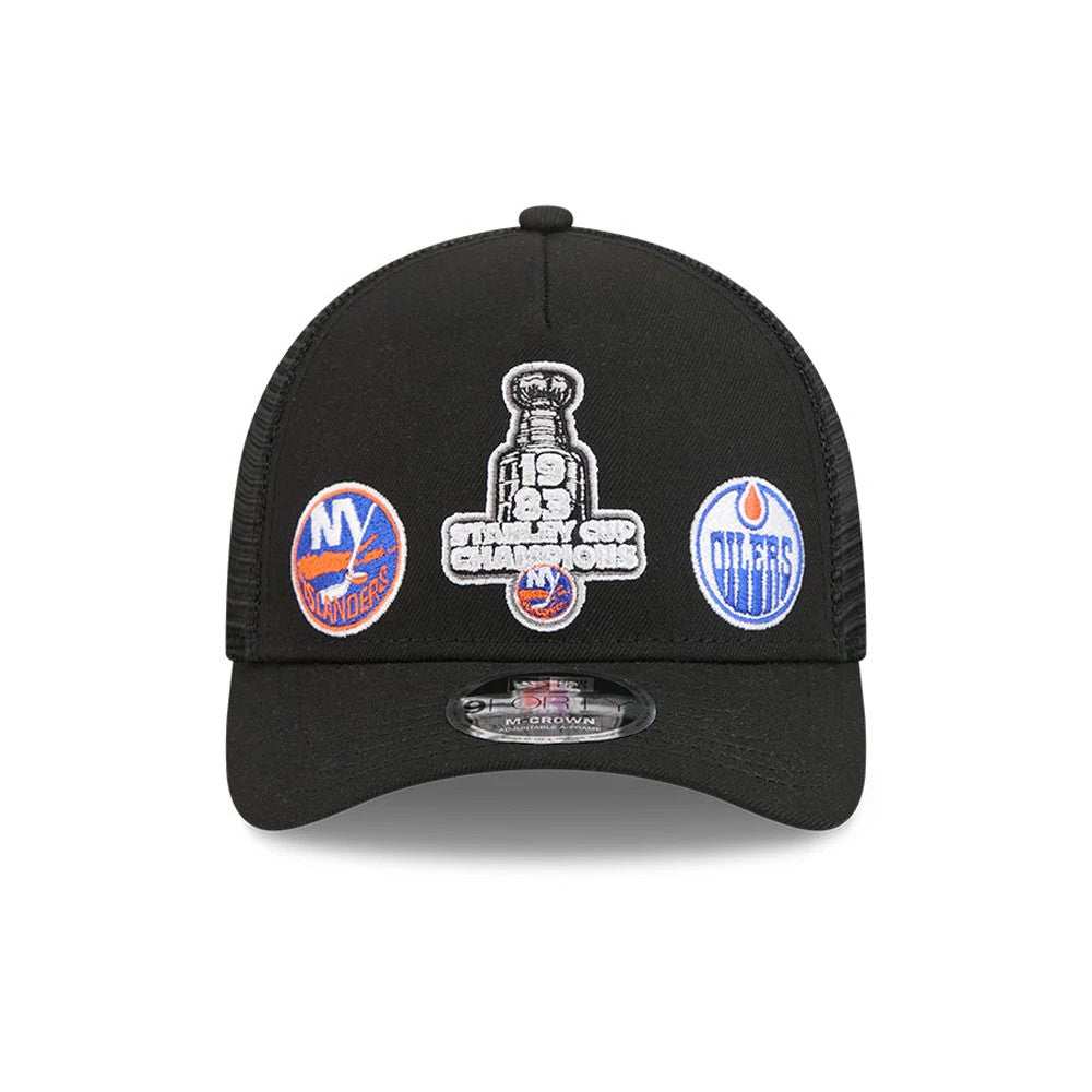 Pictured is this NHL Stanley Cup Champions New York Islanders 9FORTY M-Crown A-Frame Trucker Adjustable cap in black. 3