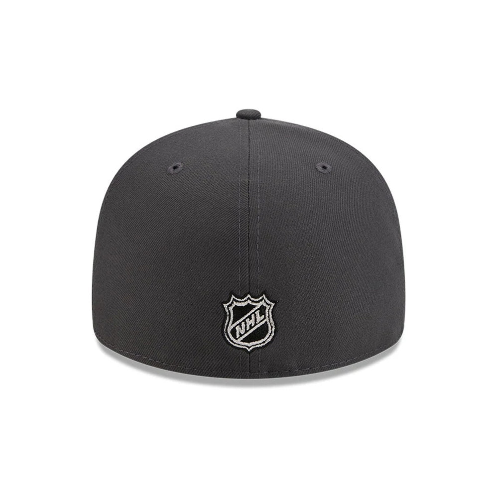 Chicago Blackhawks NHL Stanley Cup Champions Dark Grey New Era 59FIFTY Fitted Cap, rear view showing the white embroidered NHL logo at the centre of the back panels, the structured dark grey crown, and the matching dark grey top button.