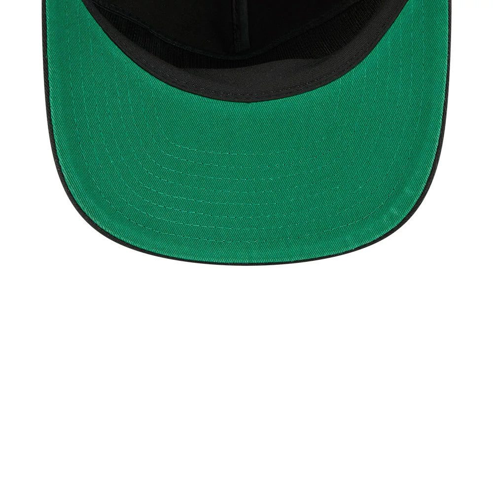 Philadelphia Flyers NHL Stanley Cup Champions Black New Era 19TWENTY Adjustable Cap, inside view showing a contrasting green undervisor, complemented by a black sweatband and black interior taping, highlighting the cap’s detailed construction.