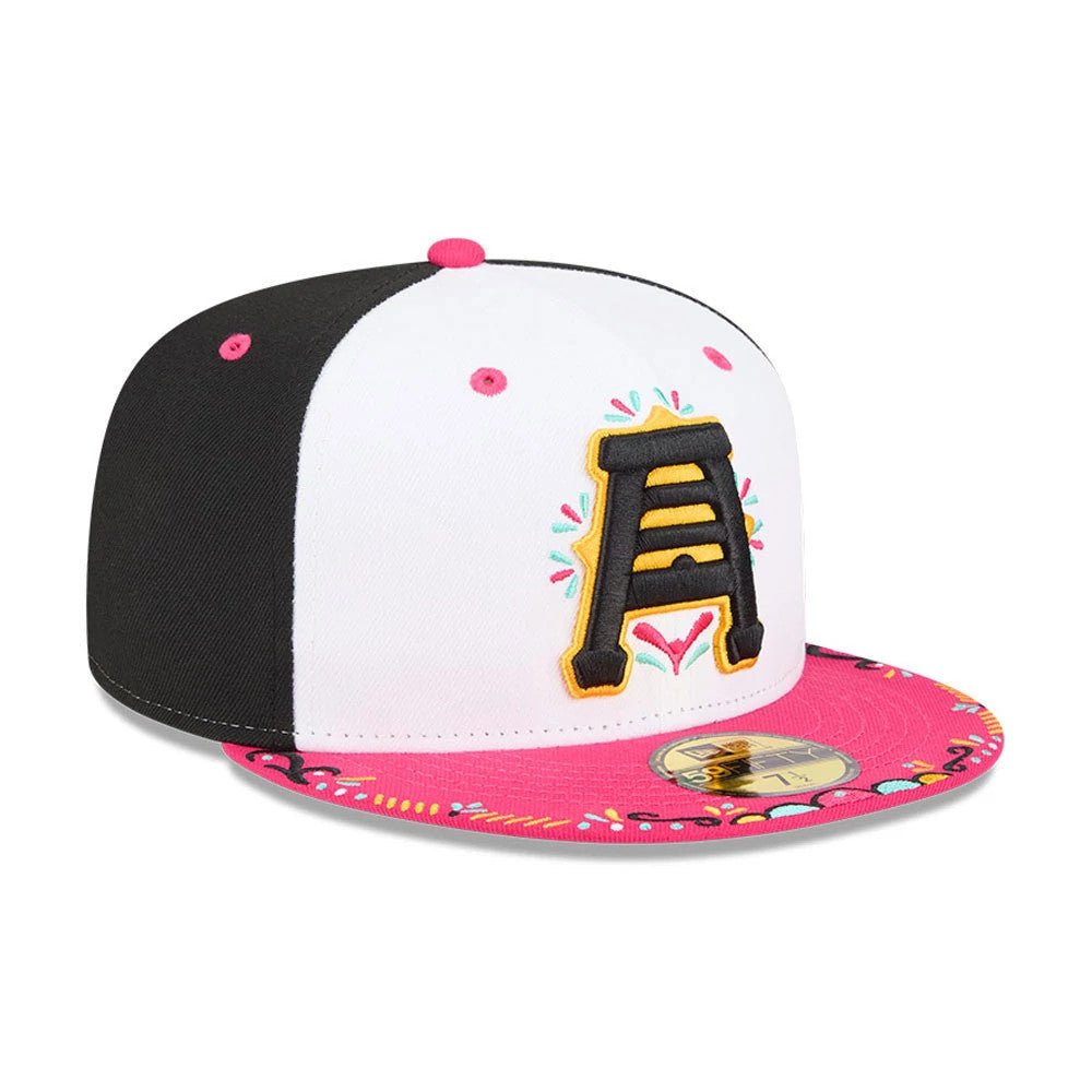 Salt Lake City Bee MiLB La Copa 2026 Black New Era 59FIFTY Fitted Cap, front view showing a large black and gold embroidered logo on the white front panel, with a pink visor featuring a colourful pattern and a gold 59FIFTY size sticker.