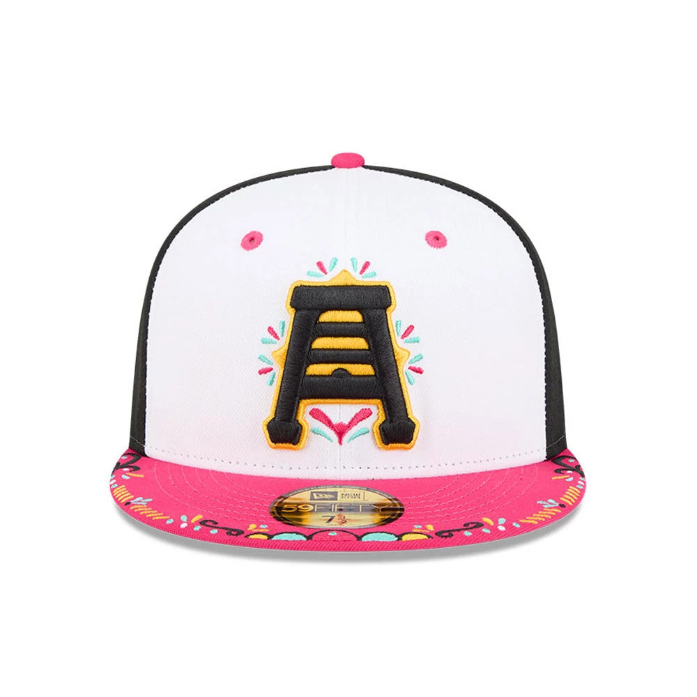 Salt Lake City Bee MiLB La Copa 2026 Black New Era 59FIFTY Fitted Cap, front view showing a yellow and black embroidered A logo on the white front panel, a pink visor with decorative flowers, and a gold 59FIFTY size sticker.