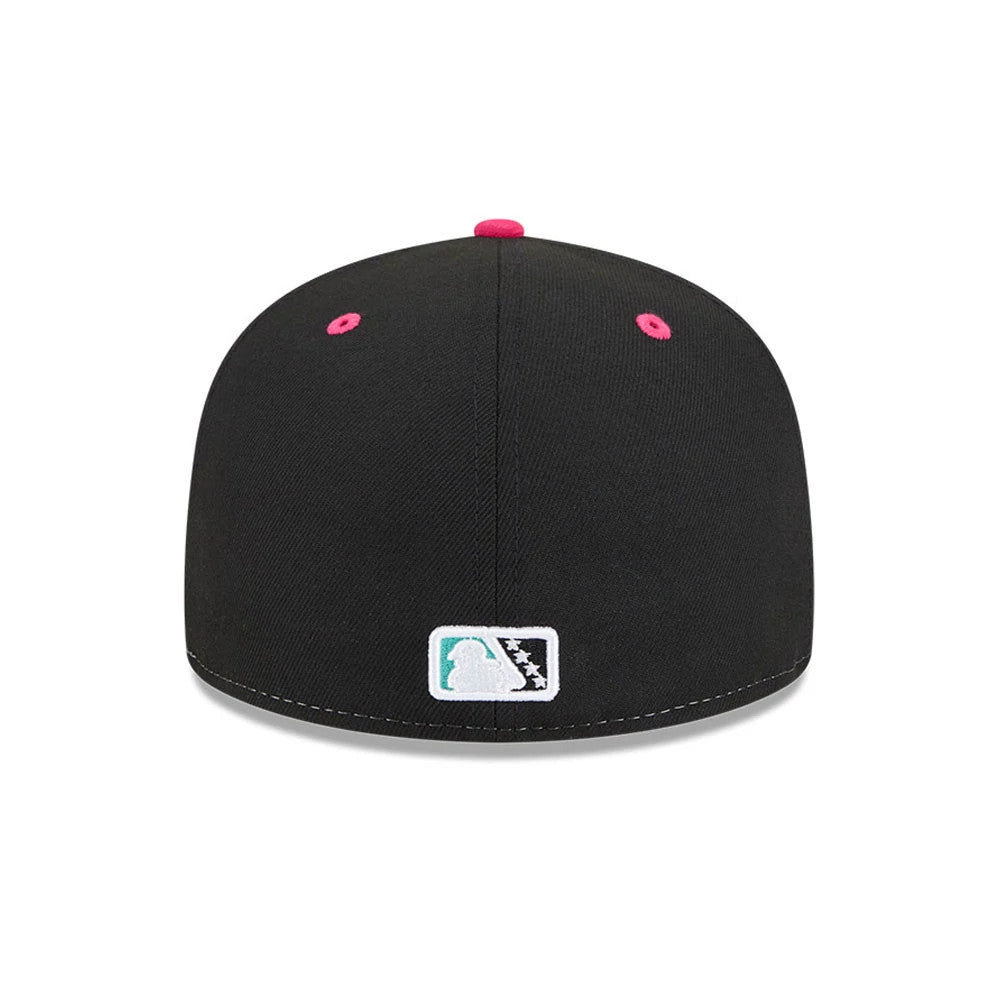 Salt Lake City Bee MiLB La Copa 2026 Black New Era 59FIFTY Fitted Cap, rear view showing the white and teal MLB Batterman logo at the centre back, with pink embroidered eyelets and top button on the structured black crown.