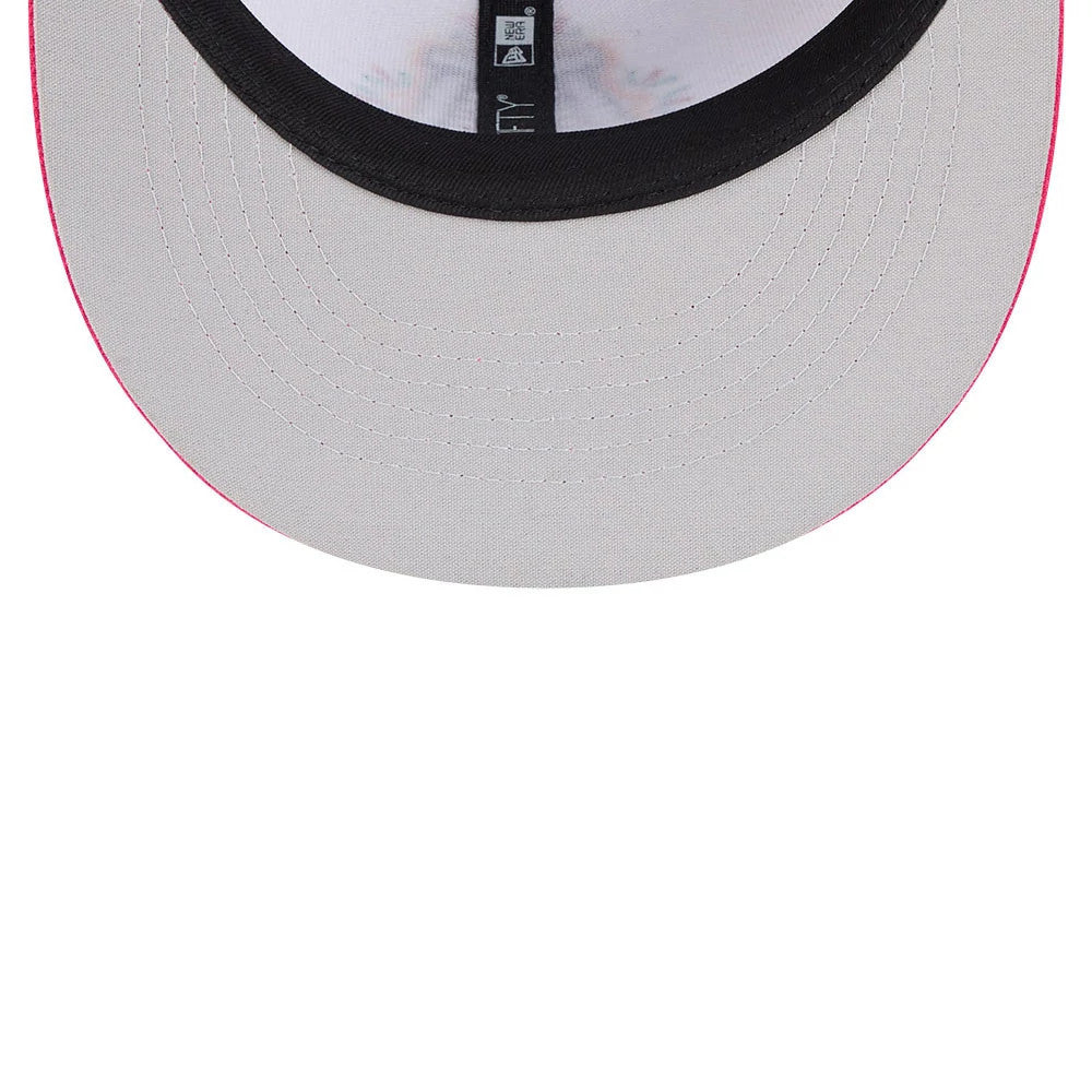 Salt Lake City Bee MiLB La Copa 2026 Black New Era 59FIFTY Fitted Cap, inside view showing the light grey undervisor, black sweatband, and interior taping with a cap size label at the centre, highlighting the bright pink visor edge.