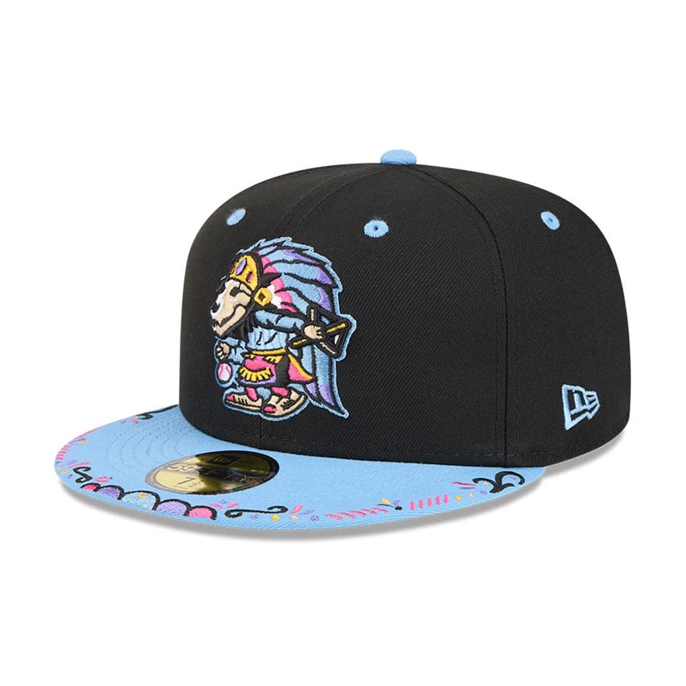 El Paso Chihuahuas MiLB La Copa 2026 Black New Era 59FIFTY Fitted Cap, three-quarter view showing the colourful embroidered mascot logo on the front panel, light blue visor with decorative elements.
