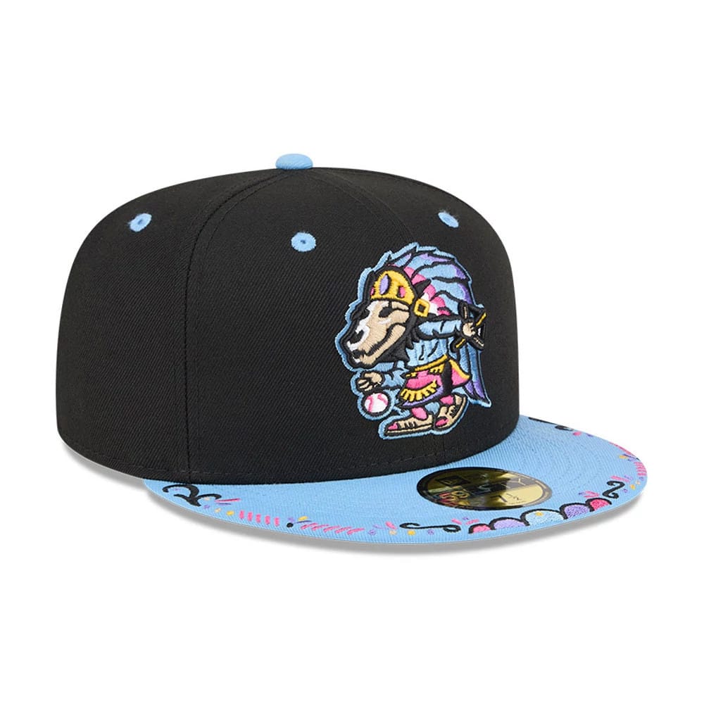 El Paso Chihuahuas MiLB La Copa 2026 Black New Era 59FIFTY Fitted Cap, front view showing a colourful embroidered chihuahua logo on the front panel, a light blue visor with decorative patterns, and a gold 59FIFTY size sticker on the visor.