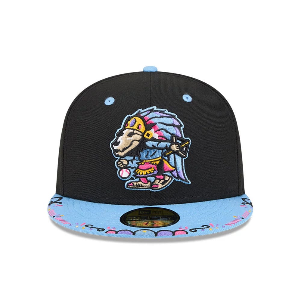 El Paso Chihuahuas MiLB La Copa 2026 Black New Era 59FIFTY Fitted Cap, front view showing a colourful Aztec-style wolf embroidered on the front panel, detailed blue and pink graphic patterns on the blue visor, and a gold 59FIFTY size sticker.