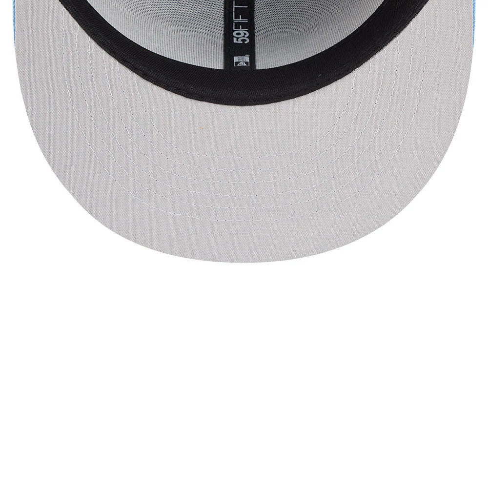 El Paso Chihuahuas MiLB La Copa 2026 Black New Era 59FIFTY Fitted Cap, inside view showing a grey undervisor, black sweatband, and black taping with white 59FIFTY branding running along the interior crown.