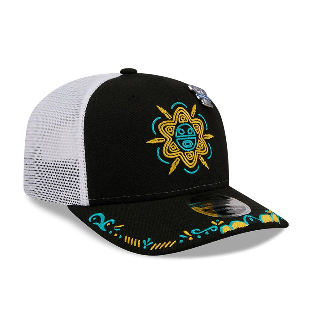 Buffalo Bisons MiLB La Copa 2026 Black New Era 9SEVENTY Stretch Snap Adjustable Cap, front view showing a yellow and turquoise embroidered emblem on the black front panel, with a patterned embroidered design on the black curved visor.