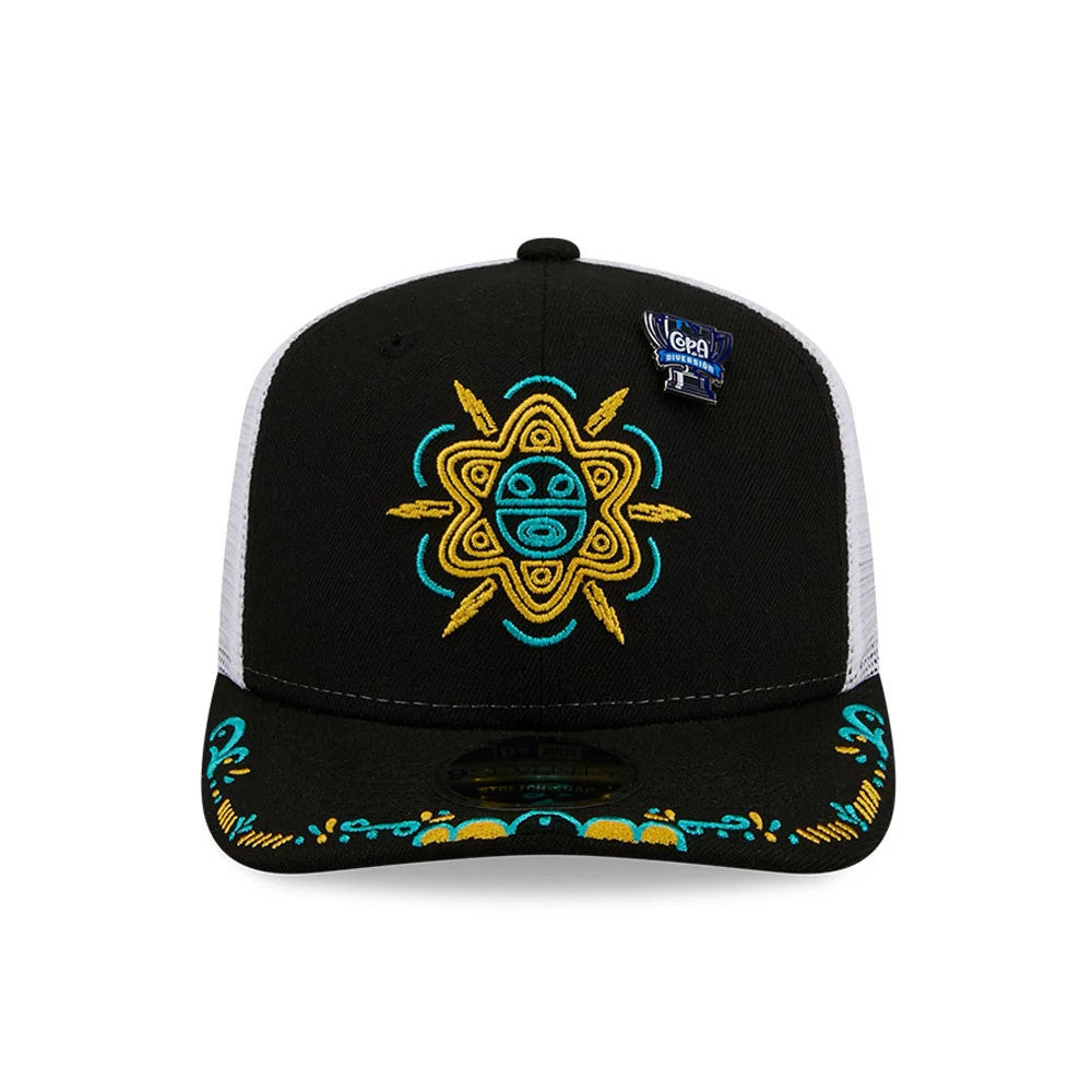 Buffalo Bisons MiLB La Copa 2026 Black New Era 9SEVENTY Stretch Snap Adjustable Cap, front view showing a yellow and teal embroidered symbol on the black front panels, with matching decorative stitching on the visor and a 9SEVENTY size sticker.
