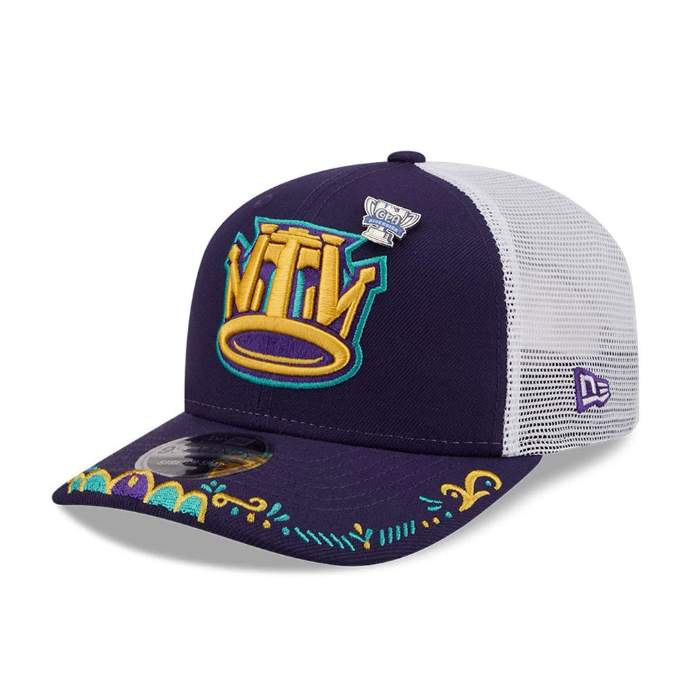 Cyclones MiLB La Copa 2026 Purple New Era 9SEVENTY Stretch Snap Adjustable Cap, three-quarter view showing a raised yellow and blue crown motif on the front panel, detailed blue and yellow embroidery on the purple visor, and a mesh white back.