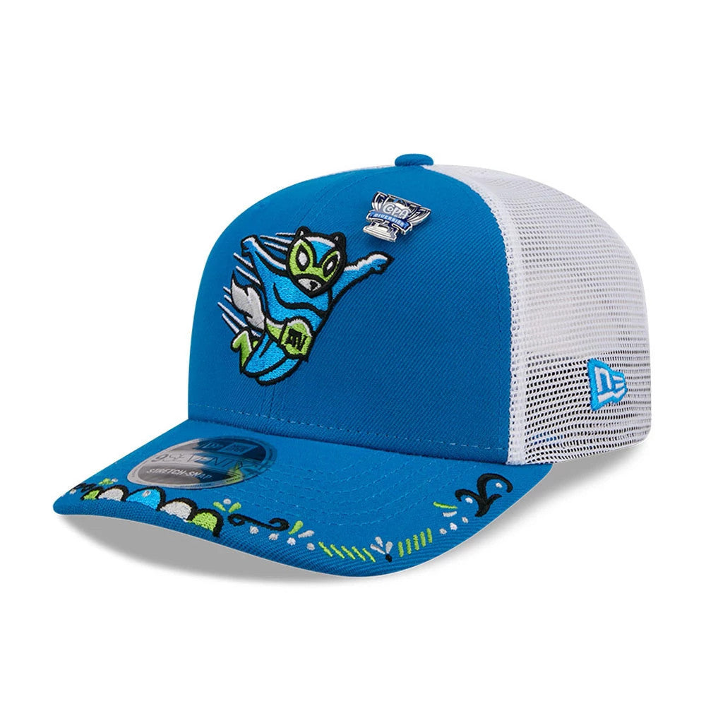 Squirrels MiLB La Copa 2026 Light Blue New Era 9SEVENTY Stretch Snap Adjustable Cap, three-quarter view showing a colourful embroidered squirrel mascot on the front panel, a white mesh back, and the New Era flag logo on the left side.