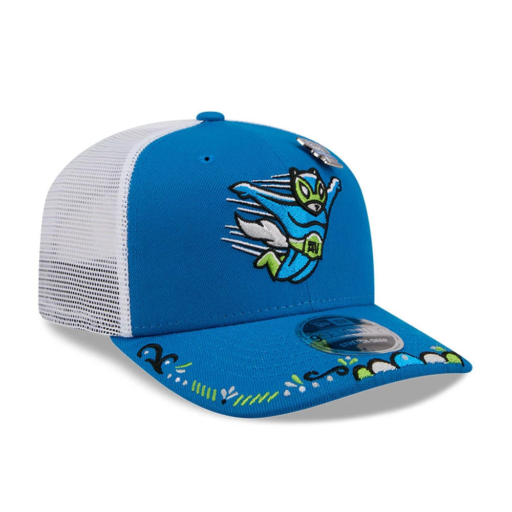 Squirrels MiLB La Copa 2026 Light Blue New Era 9SEVENTY Stretch Snap Adjustable Cap, three-quarter view showing the embroidered cartoon squirrel on the blue front panel, decorative visor with floral pattern, and white mesh back panels.