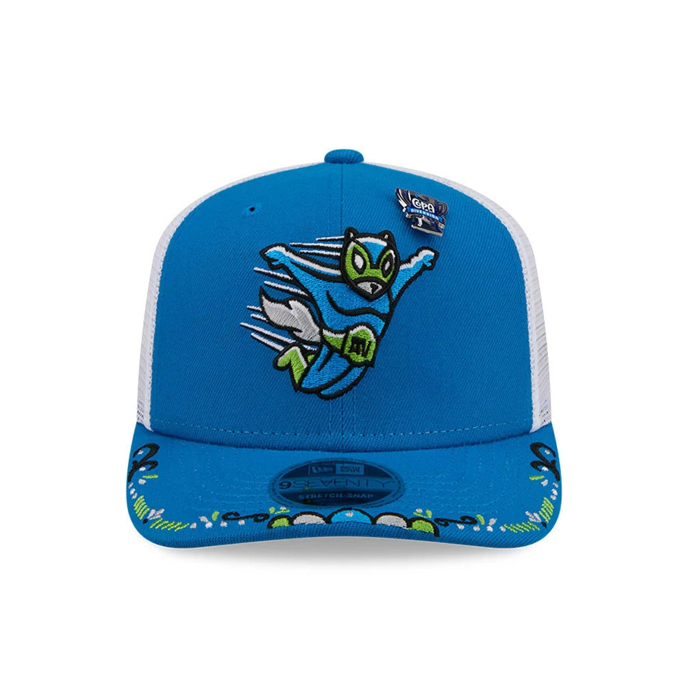 Squirrels MiLB La Copa 2026 Light Blue New Era 9SEVENTY Stretch Snap Adjustable Cap, front view showing the colourful embroidered superhero squirrel logo on the front panel, green and black visor graphics.