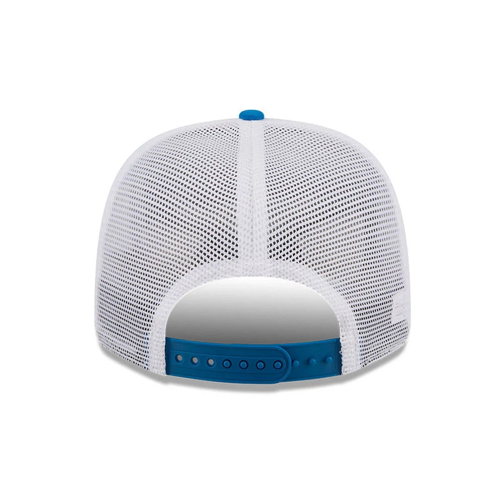 Squirrels MiLB La Copa 2026 Light Blue New Era 9SEVENTY Stretch Snap Adjustable Cap, rear view showing the open mesh back panels, a round blue top button, and a matching light blue adjustable snap closure for a custom fit.