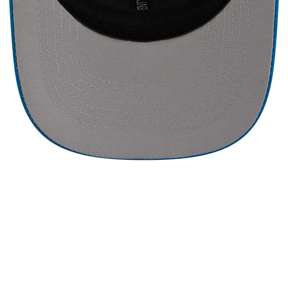 Squirrels MiLB La Copa 2026 Light Blue New Era 9SEVENTY Stretch Snap Adjustable Cap, inside view highlighting the black sweatband with white New Era logo, grey undervisor with blue trim, and black taping on the seams.