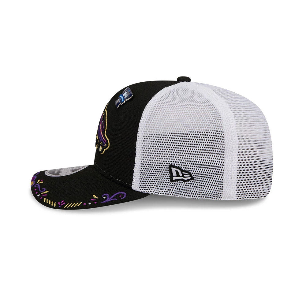 Grizzlies MiLB La Copa 2026 Black New Era 9SEVENTY Stretch Snap Adjustable Cap, side view showing the New Era flag logo embroidered on the white mesh back panels, with colourful embroidery on the black front panel.