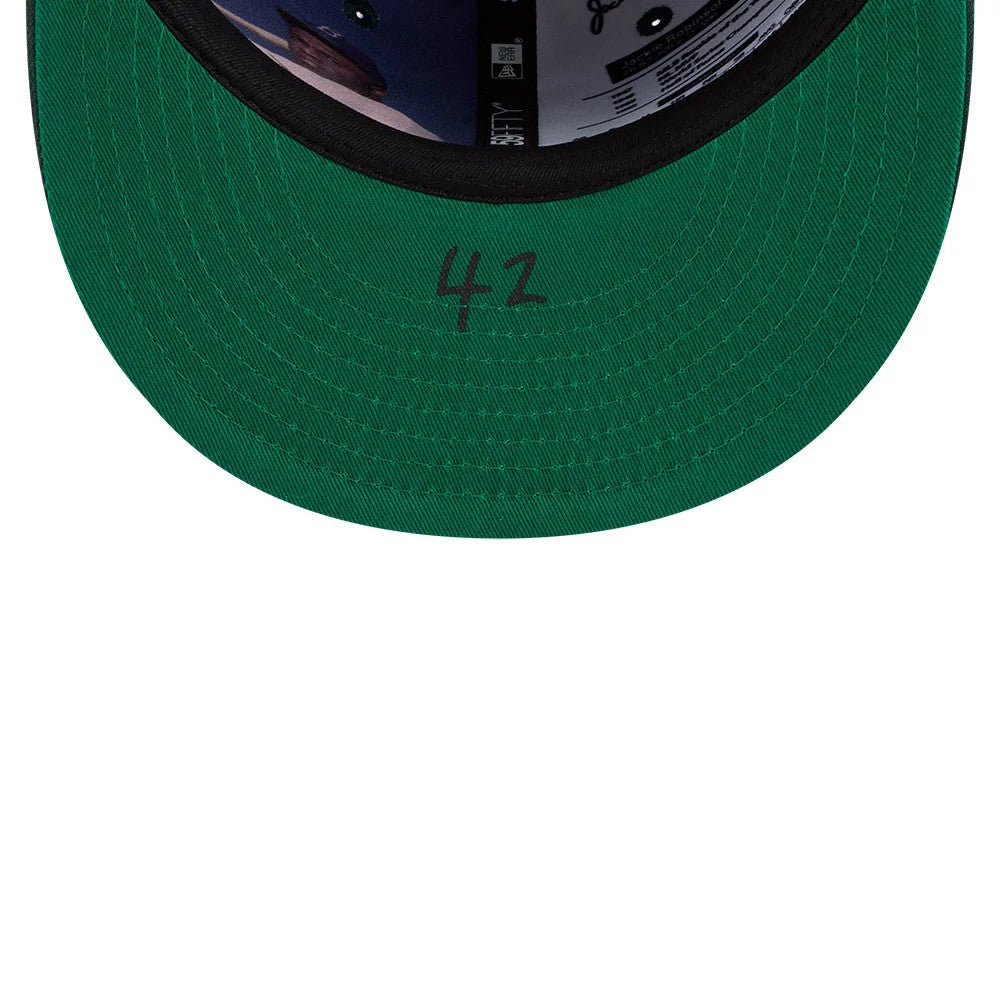 Athletics MLB Jackie Robinson Dark Green New Era 59FIFTY Fitted Cap, inside view showing the dark green undervisor featuring the number 42 in black, black sweatband with logo taping, and size sticker on the centre panel.