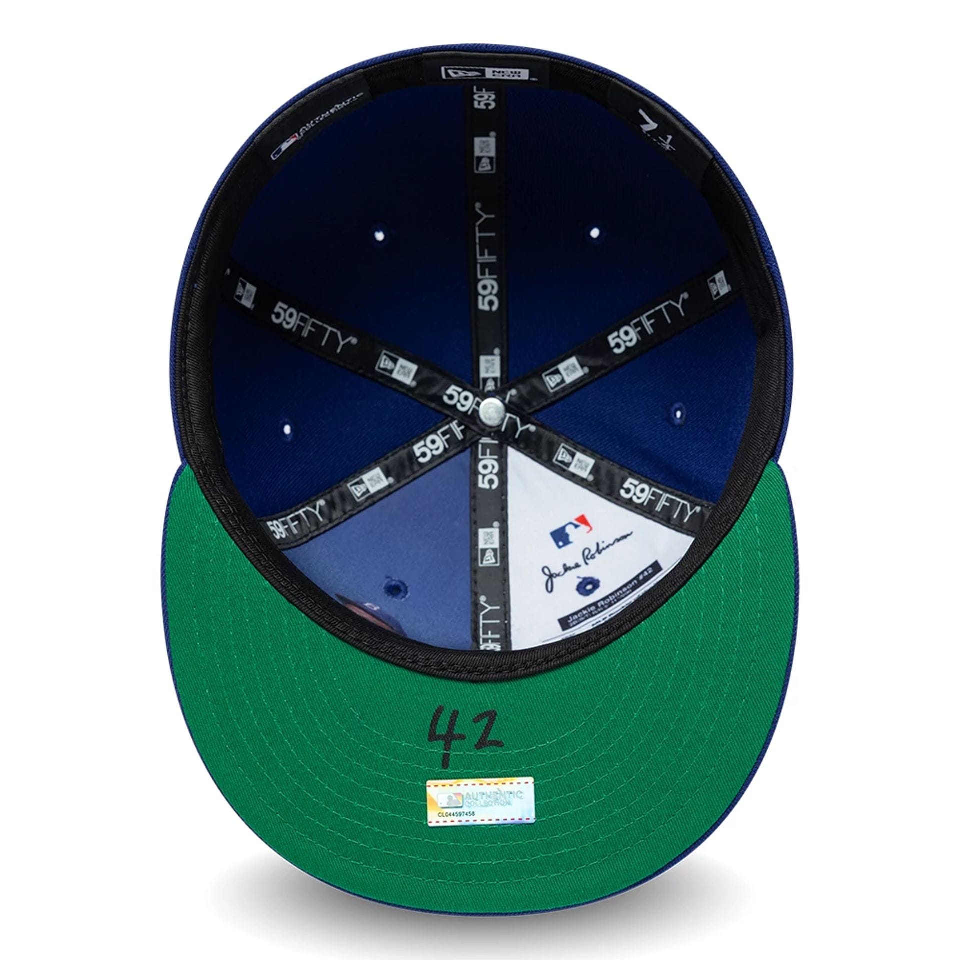 Pictured is this MLB Jackie Robinson Brooklyn Dodgers 59FIFTY Fitted cap in Navy. 2