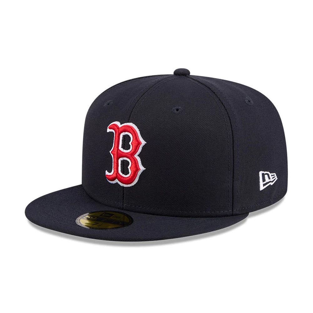 Boston Red Sox MLB Jackie Robinson Navy New Era 59FIFTY Fitted Cap, three-quarter view showing a red and white embroidered B logo on the front panel, with a flat navy visor and a gold 59FIFTY size sticker on the visor.