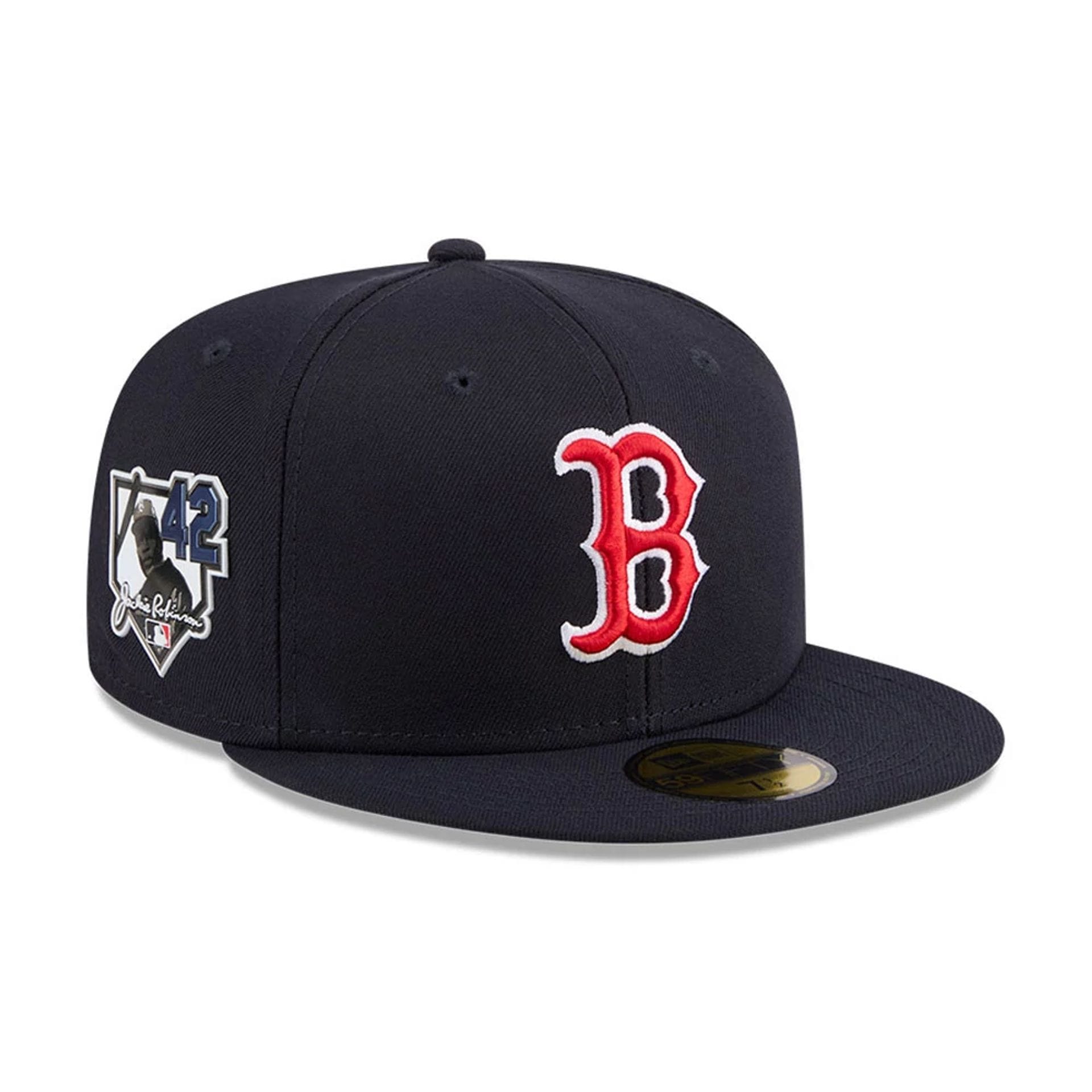 Pictured is this MLB Jackie Robinson Boston Red Sox 59FIFTY Fitted cap in navy. 1