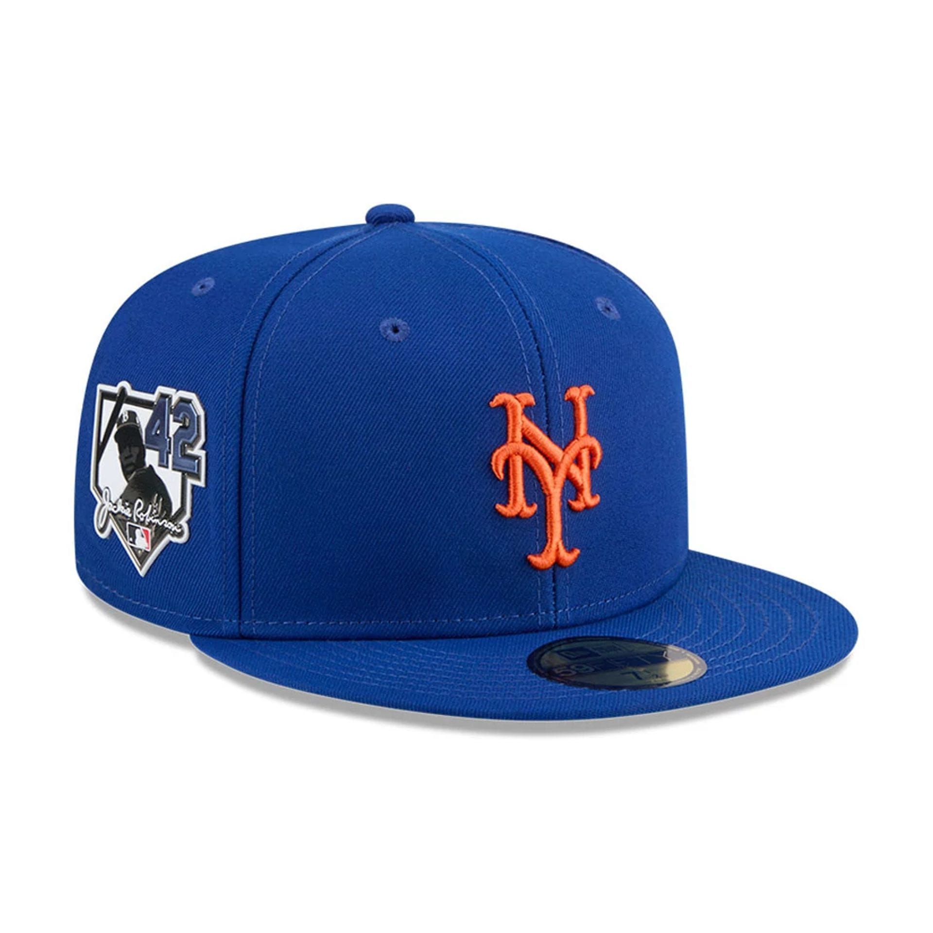 Pictured is this MLB Jackie Robinson New York Mets 59FIFTY Fitted cap in blue. 1