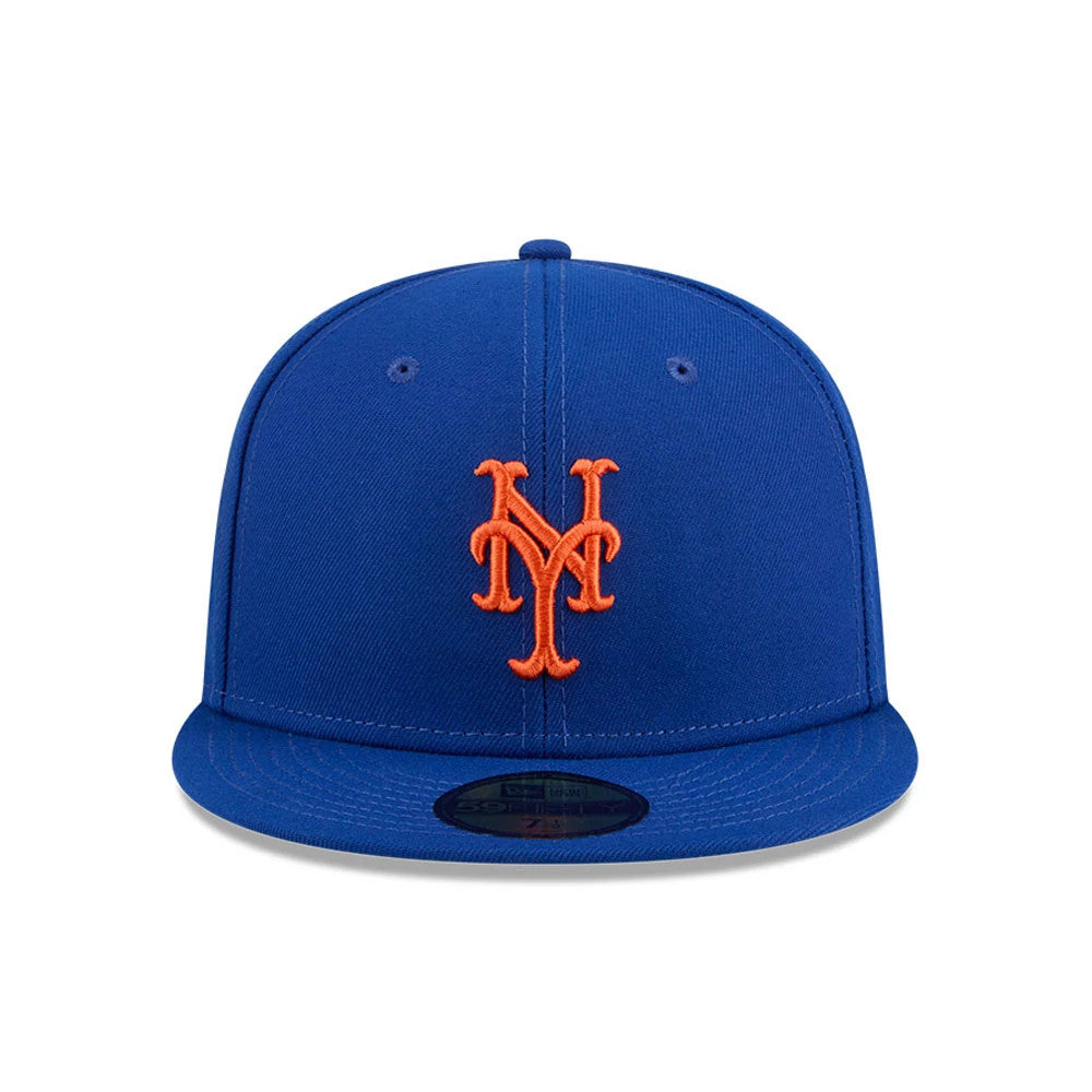 New York Mets MLB Jackie Robinson Blue New Era 59FIFTY Fitted Cap, front view showing the orange raised embroidered Mets logo on the structured blue crown, with a flat visor and a black 59FIFTY size sticker on the visor.