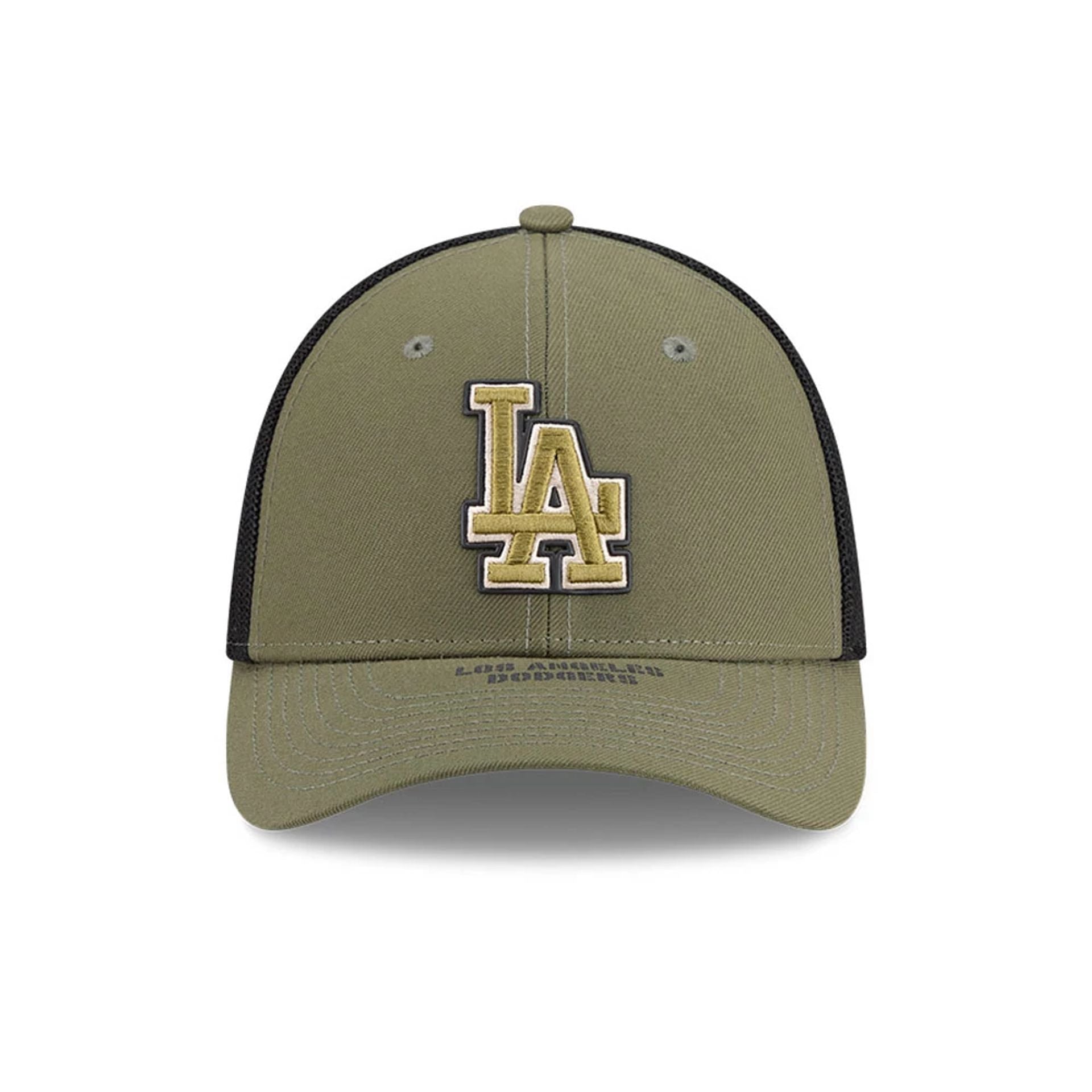Pictured is this MLB Armed Forces Day 2026 LA Dodgers 39THIRTY M-Crown Stretch Fit cap in green. 2