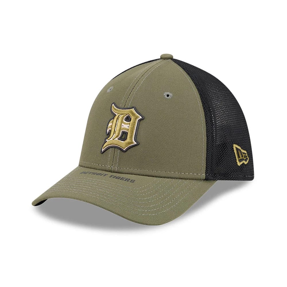 Tigers MLB Armed Forces Day 2026 Green New Era 39THIRTY M-Crown Stretch Fit Cap, three-quarter view showing a raised gold and black embroidered Tigers logo on the front panel, black mesh sides, and the New Era flag logo embroidered on the left side.