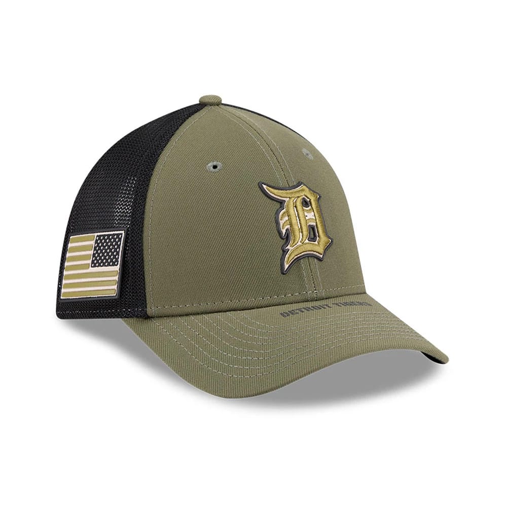 Pictured is this MLB Armed Forces Day 2026 Detroit Tigers 39THIRTY M-Crown Stretch Fit cap in green. 1