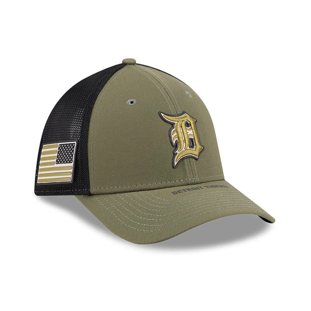 Pictured is this MLB Armed Forces Day 2026 Detroit Tigers 39THIRTY M-Crown Stretch Fit cap in green. 1