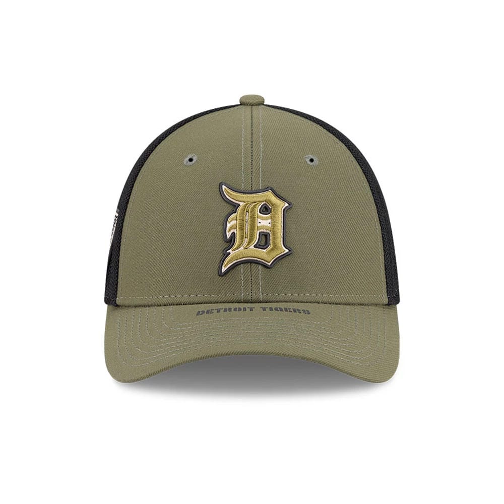 Pictured is this MLB Armed Forces Day 2026 Detroit Tigers 39THIRTY M-Crown Stretch Fit cap in green. 2