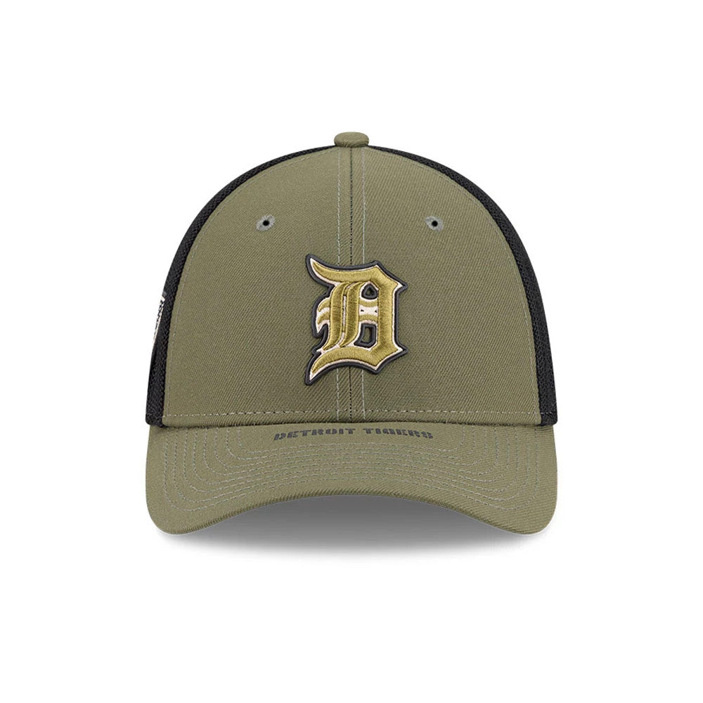Pictured is this MLB Armed Forces Day 2026 Detroit Tigers 39THIRTY M-Crown Stretch Fit cap in green. 2