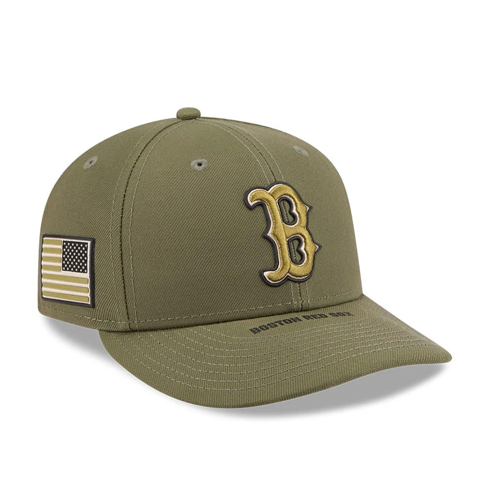 Red Sox MLB Armed Forces Day 2026 Green Low Profile New Era 59FIFTY Fitted Cap, three-quarter view showing the raised gold outlined B logo on the front panel, American flag patch on the left side, and flat green visor with text.
