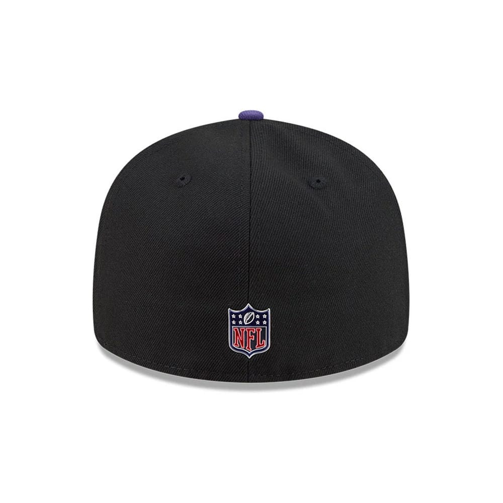 Baltimore Ravens NFL Draft 2026 Black New Era 59FIFTY Fitted Cap, rear view showing the raised embroidered NFL Shield logo in red, white and blue at the centre back, with a purple top button and black crown.