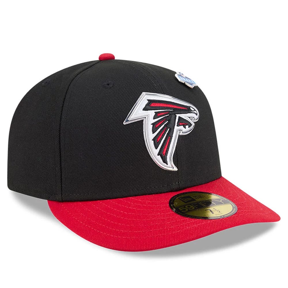 Atlanta Falcons NFL Draft 2026 Black New Era 59FIFTY Fitted Cap, three-quarter view showing the raised red, white, and black Falcons logo on the front panel, a red flat visor, and a gold 59FIFTY size sticker on the visor.
