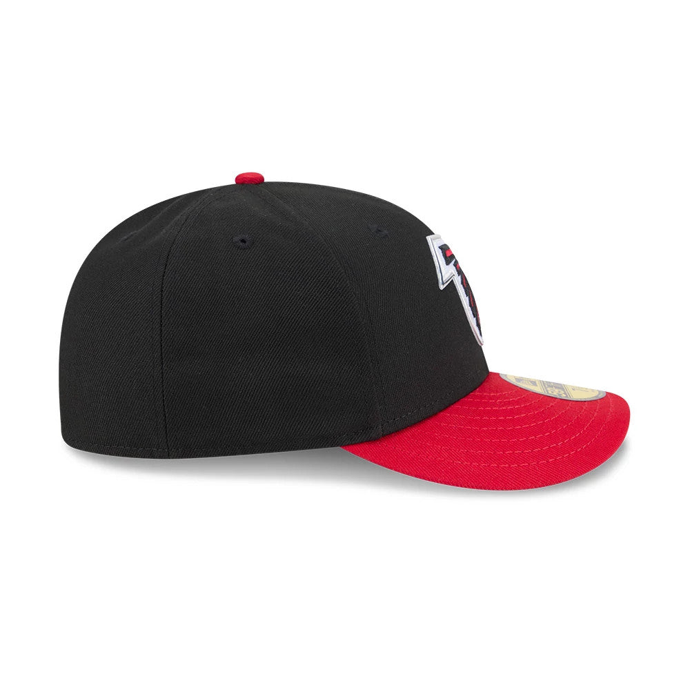 Atlanta Falcons NFL Draft 2026 Black New Era 59FIFTY Fitted Cap, side view with a red visor, showing the embroidered Falcons logo on the front panel and the New Era flag logo on the left side of the black crown.