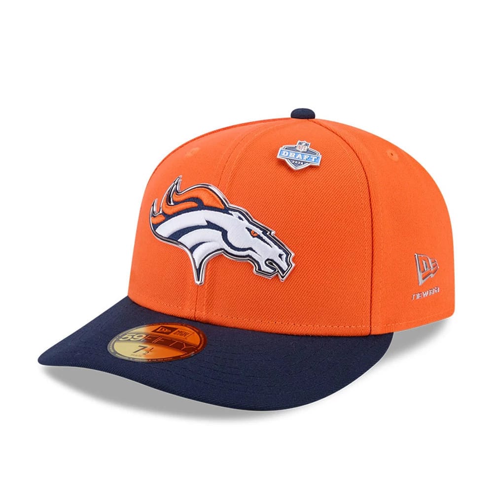 Denver Broncos NFL Draft 2026 Orange New Era 59FIFTY Fitted Cap, front view showing the raised embroidered Broncos logo on the orange crown, complemented by a dark blue flat visor with a gold 59FIFTY size sticker.