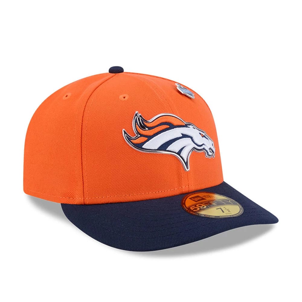 Denver Broncos NFL Draft 2026 Orange New Era 59FIFTY Fitted Cap, three-quarter view showing the raised white, blue and orange embroidered team logo on the front panel, navy flat visor and gold 59FIFTY size sticker on the visor.