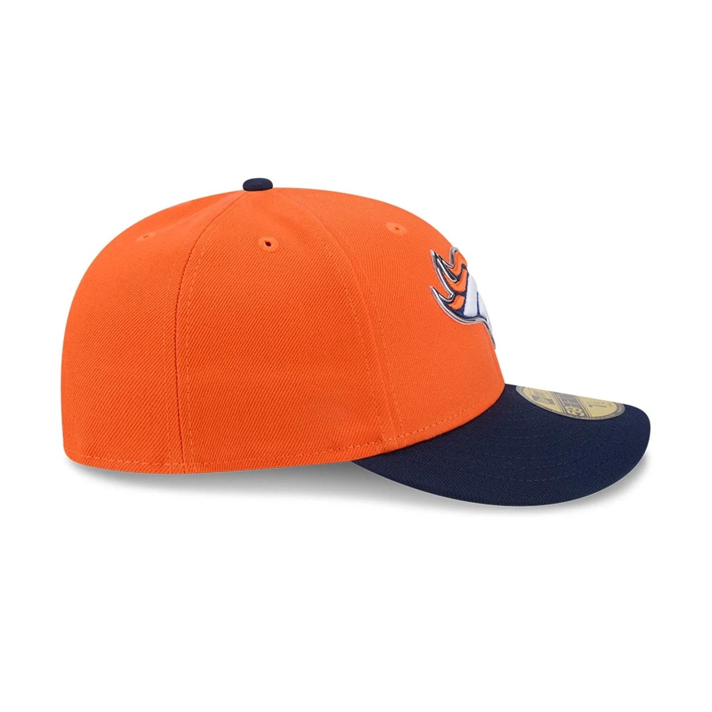 Denver Broncos NFL Draft 2026 Orange New Era 59FIFTY Fitted Cap, side view showing the embroidered Broncos logo on the front panel, with an orange structured crown, navy flat visor, and a gold 59FIFTY size sticker on the top of the visor.