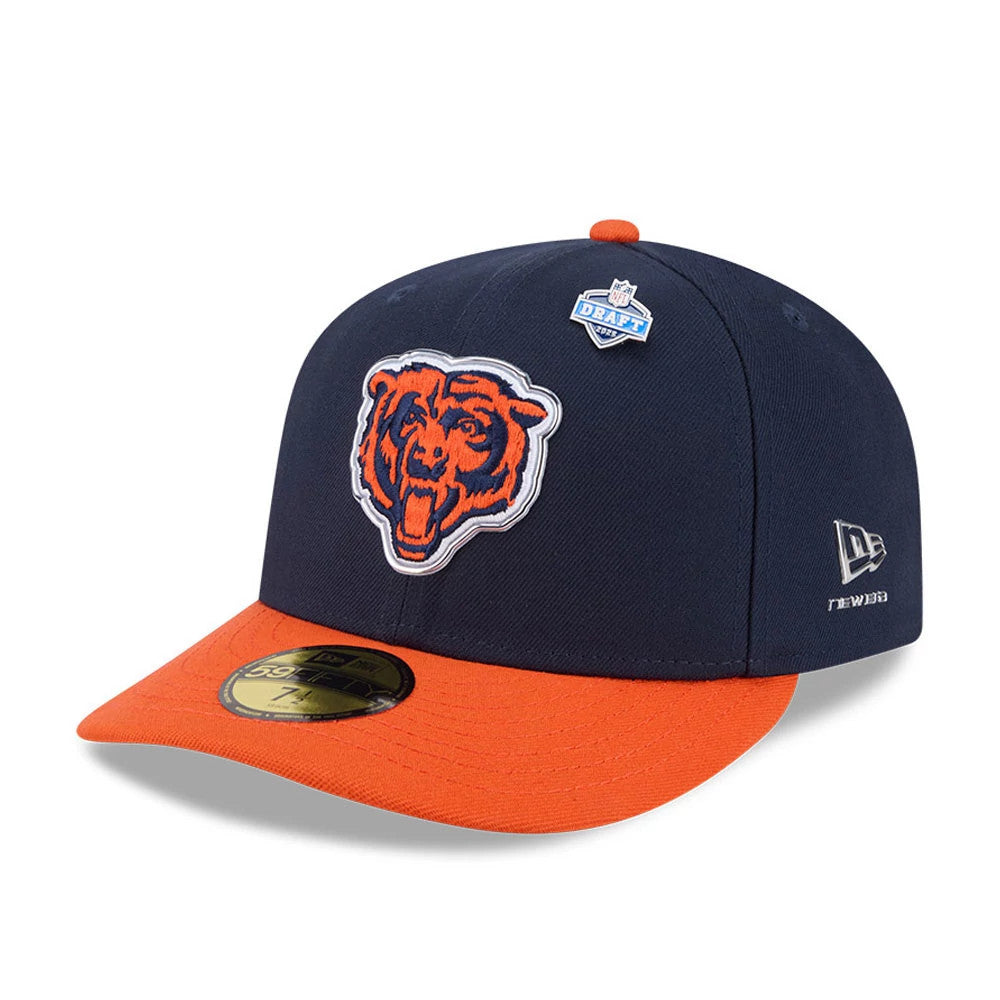 Chicago Bears NFL Draft 2026 Navy New Era 59FIFTY Fitted Cap, three-quarter view showing the embroidered orange and navy bear logo on the front panel, a navy crown with an orange flat visor, and a gold 59FIFTY size sticker on the visor.