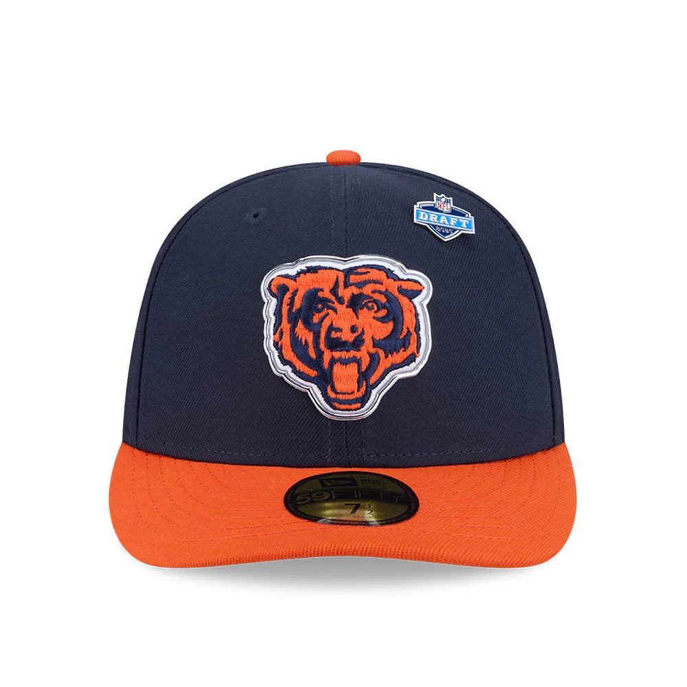 Chicago Bears NFL Draft 2026 Navy New Era 59FIFTY Fitted Cap, front view showing a raised embroidered orange bear logo on the navy front panel, a contrasting orange flat visor, and a gold 59FIFTY size sticker on the visor.