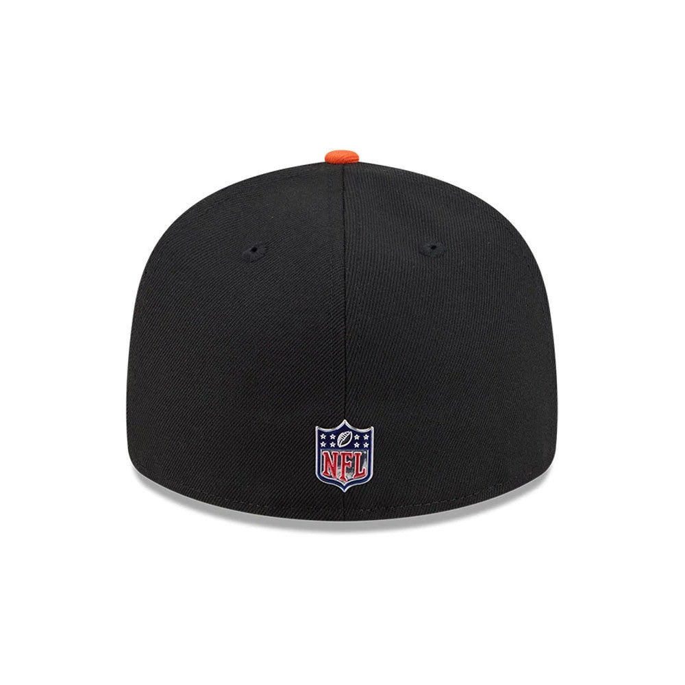 Cincinnati Bengals NFL Draft 2026 Black New Era 59FIFTY Fitted Cap, rear view showing the red and blue embroidered NFL shield logo centred on the back panel, with a contrasting orange top button and black embroidered eyelets.