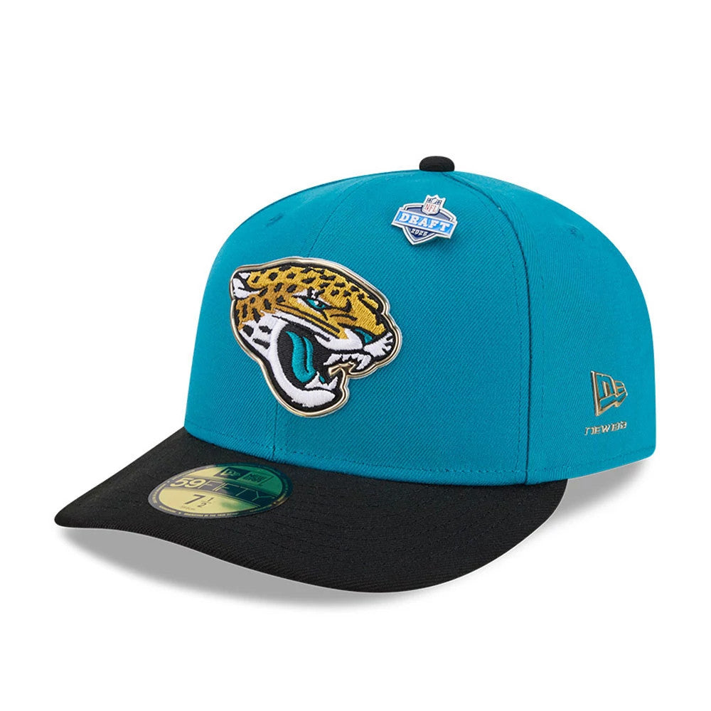 Jacksonville Jaguars NFL Draft 2026 Turquoise New Era 59FIFTY Fitted Cap, front view showing the raised embroidered jaguar logo on the turquoise front panels, black flat visor with a gold 59FIFTY size sticker.