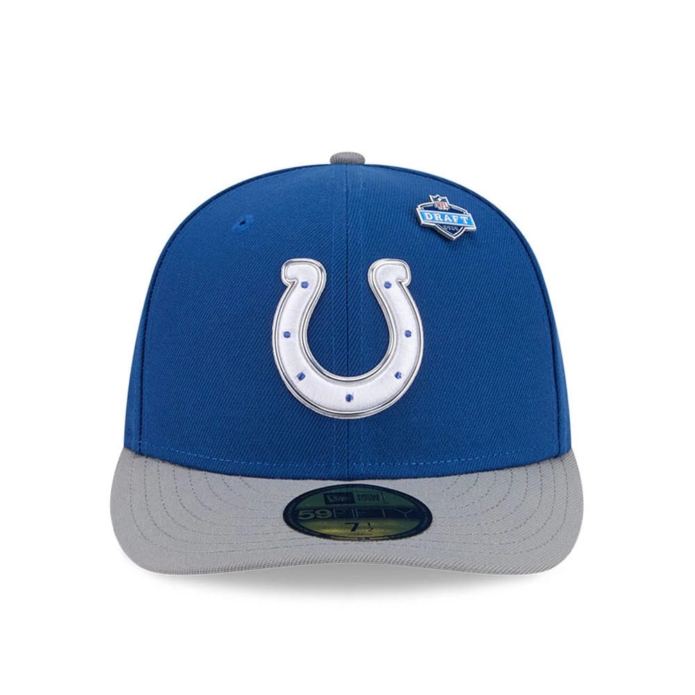 Indianapolis Colts NFL Draft 2026 Blue New Era 59FIFTY Fitted Cap, front view showing a raised white and blue horseshoe logo embroidered on the front panel, a grey flat visor with a gold 59FIFTY size sticker.